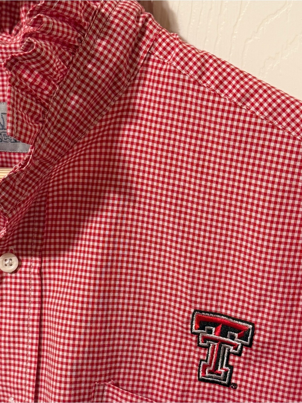 Texas Tech Red White Gingham Upcycled Ruffle Collar Button-Down Shirt men’s L